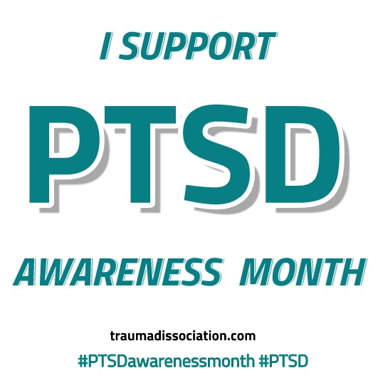 I support PTSD awareness month. Teal writing with teal ribbon on white, traumadissociation.com in black at bottom. Square for use as facebook profile picture.