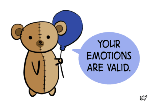 Coping animation of cartoons with messages - made from images by EMM not Emma which were used with permission. Teddy bear holding a blue balloon says You emotions are valid
